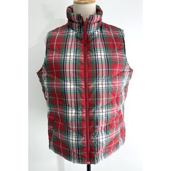 Lands' End Women's Red Tartan Plaid Puffer Vest Sleeveless Warm Casual Medium - Picture 1 of 9